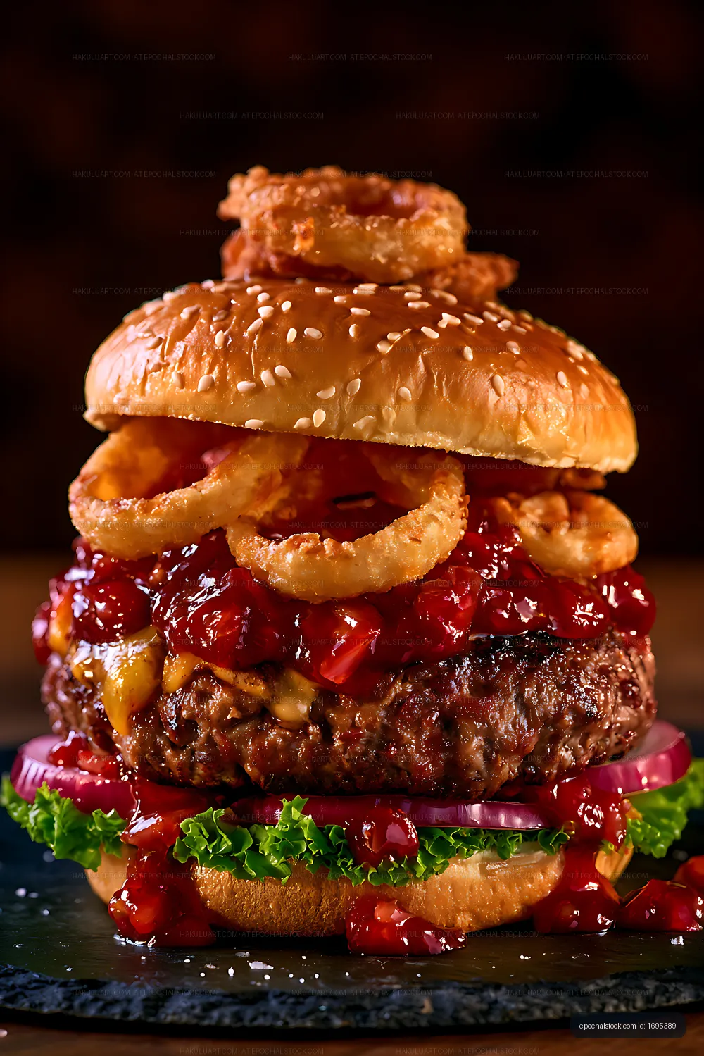 Close-up gourmet burger with sesame bun and onion rings