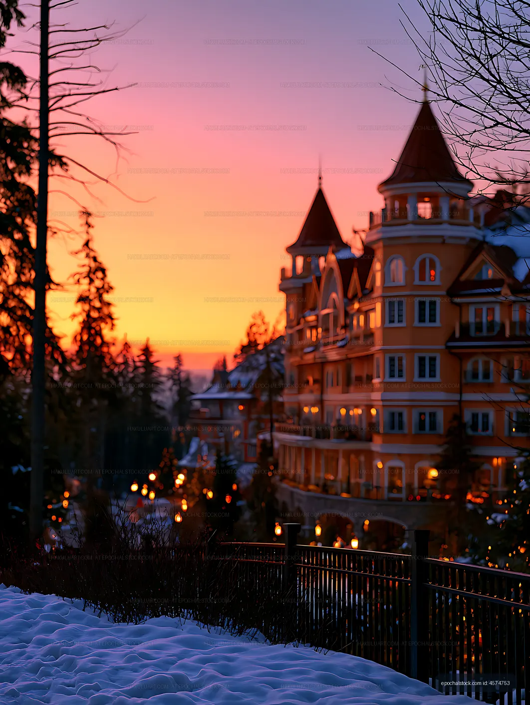 Winter sunset over a warmly lit turreted building