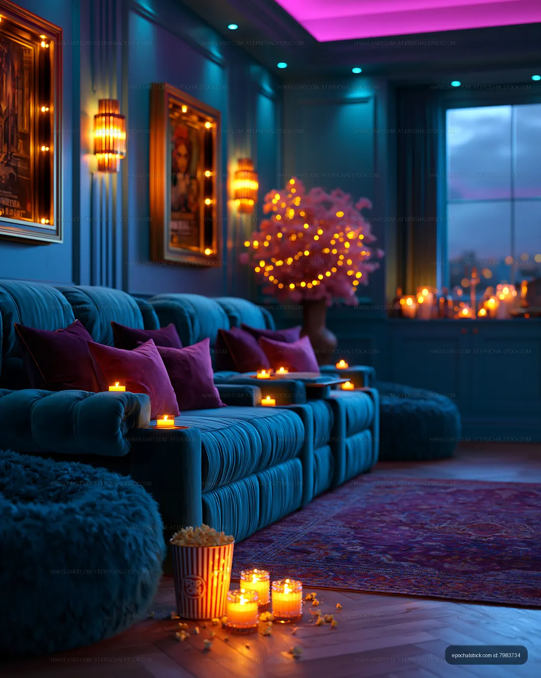 Cozy candlelit home theater living room with popcorn