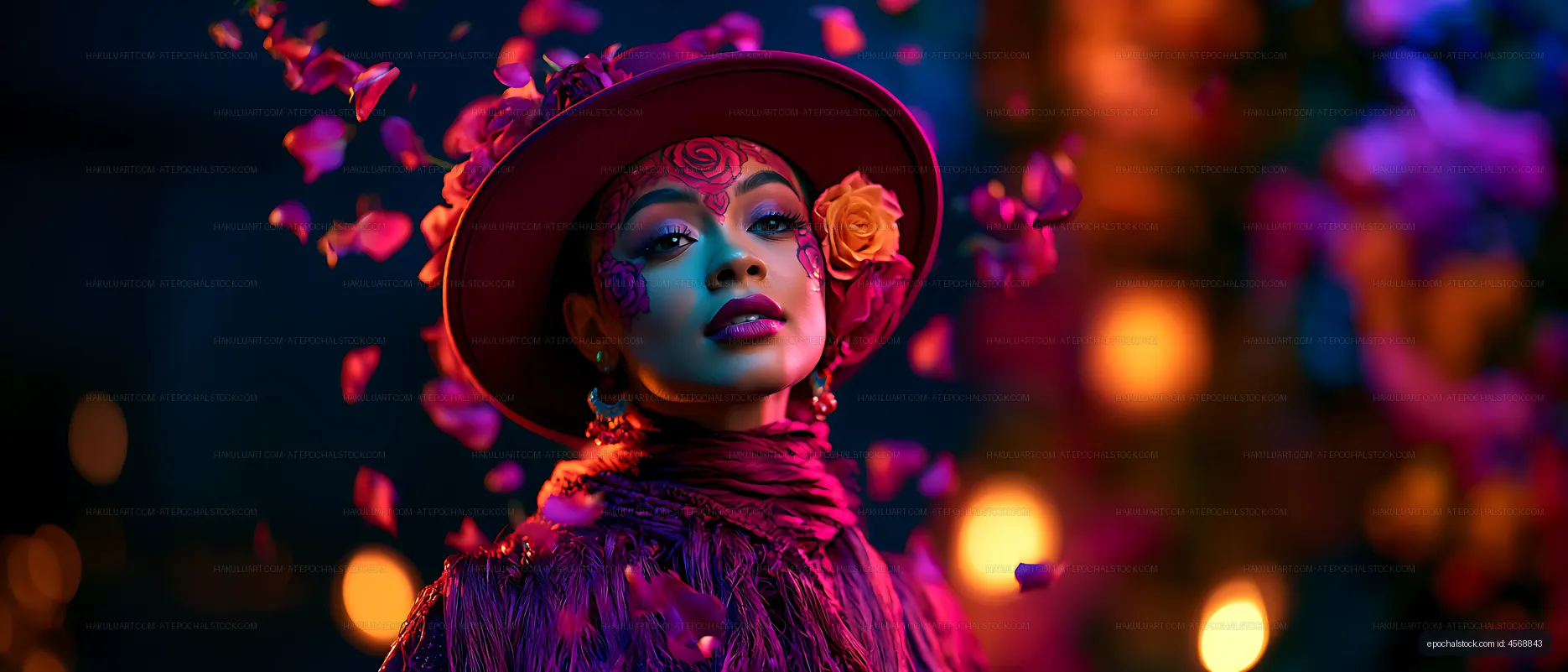 Dramatic colorful portrait with flowers, petals, and bokeh