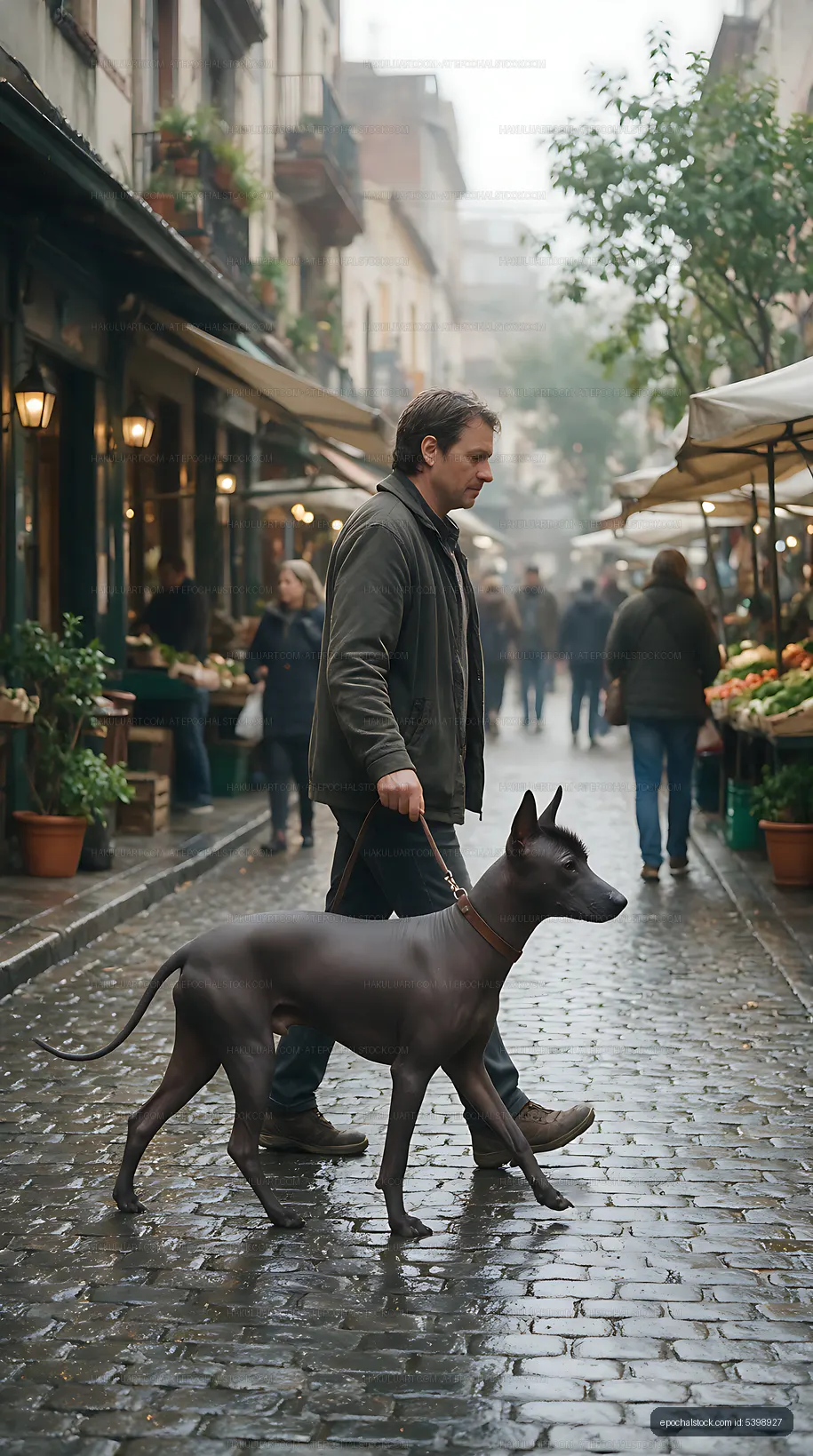 Hairless dog and owner walking through a wet street market