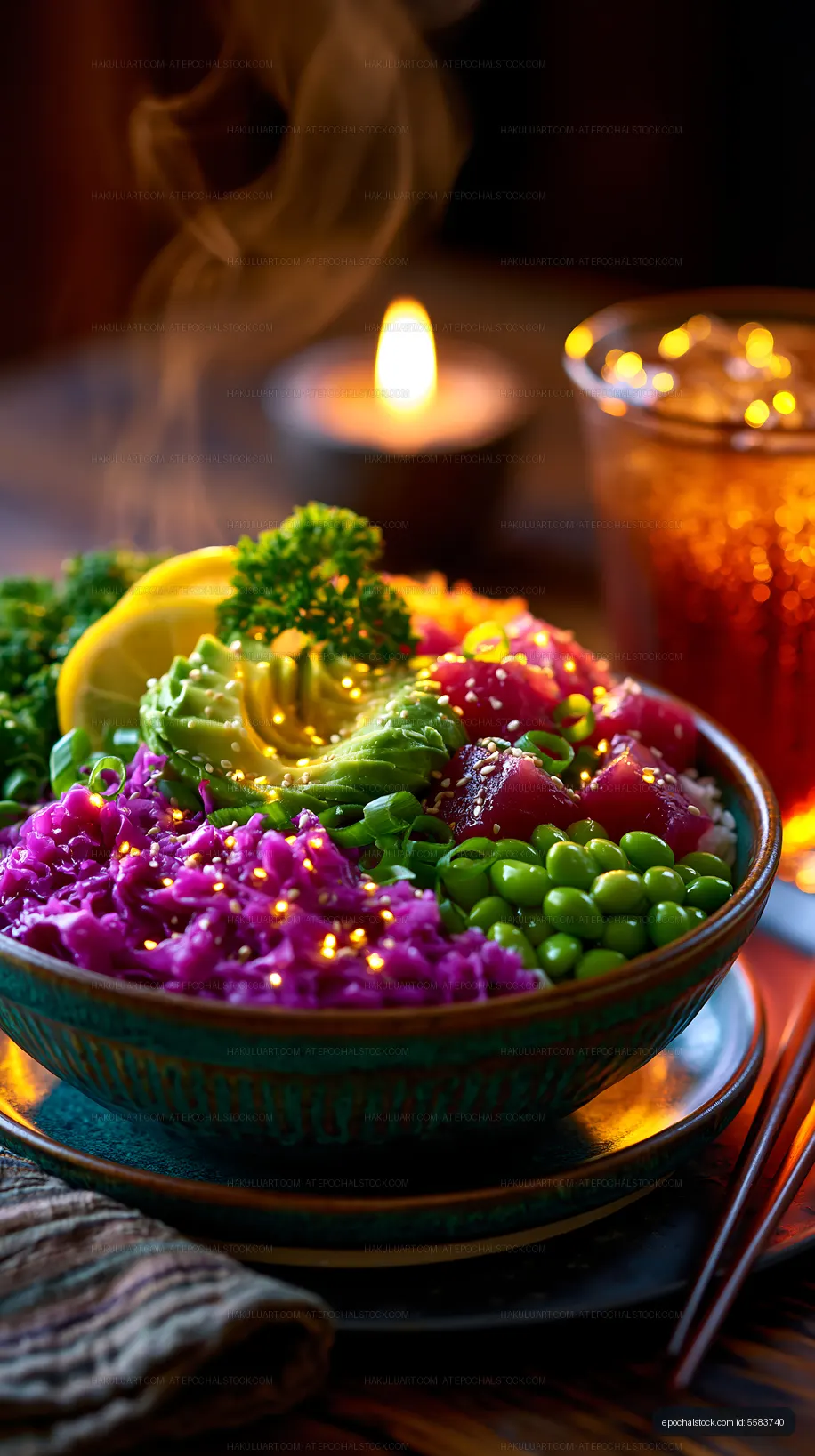 Vibrant vegetable bowl beside a glowing candle