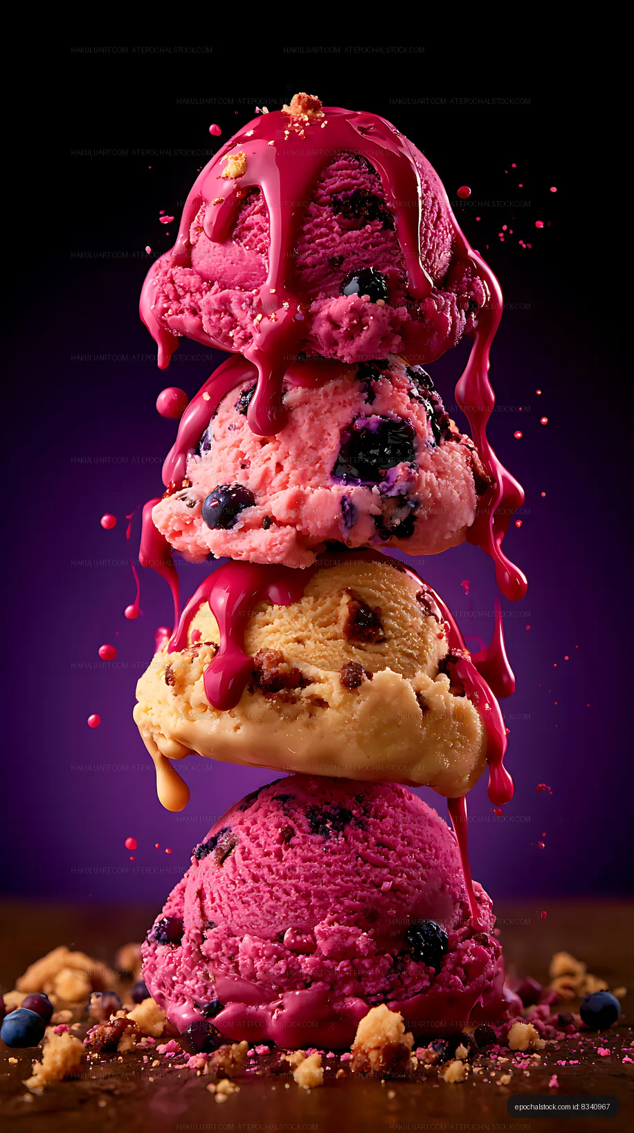 Berry ice cream tower with dripping pink topping