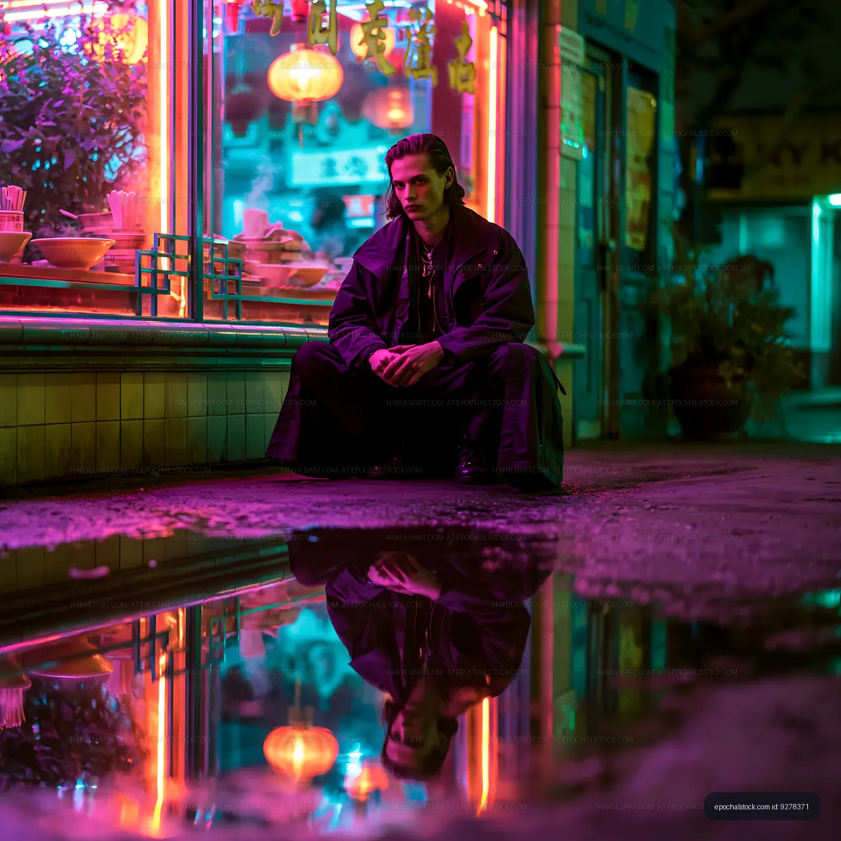 Neon-Lit Person Sitting by Restaurant Window