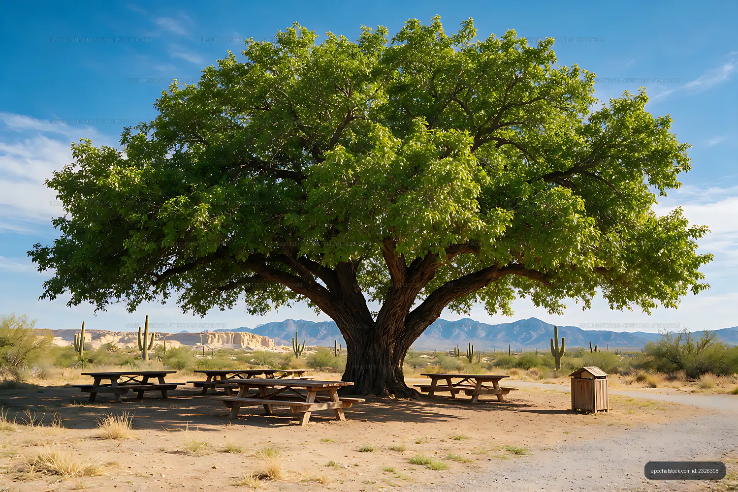 Picnic tables beneath a large tree in the desert
