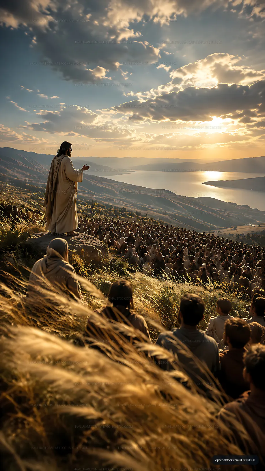 Man speaking to crowd on hillside during sunset