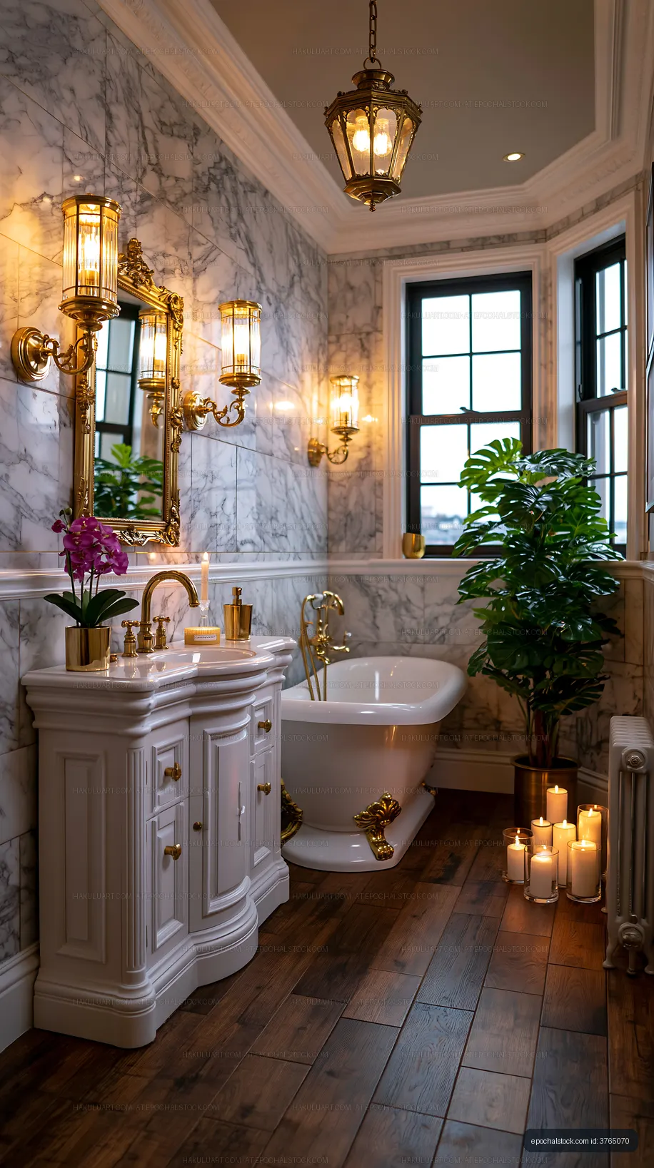 Ornate bathroom with marble walls, tub, plants, and candles