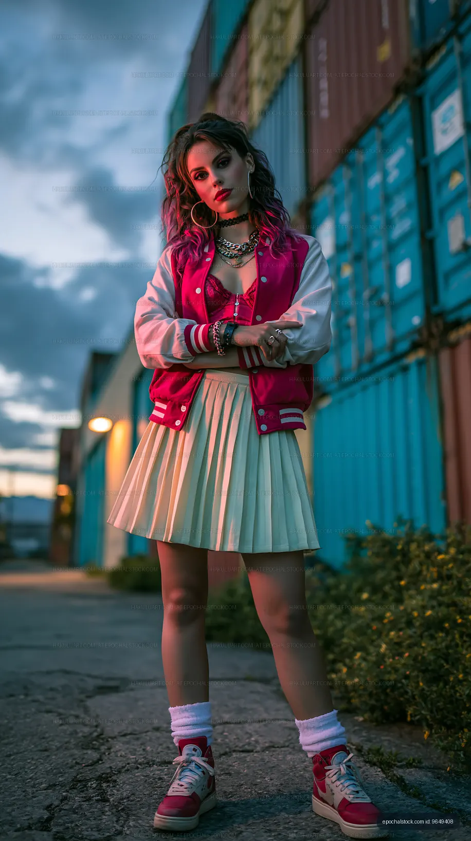 Colorful urban fashion portrait beside containers