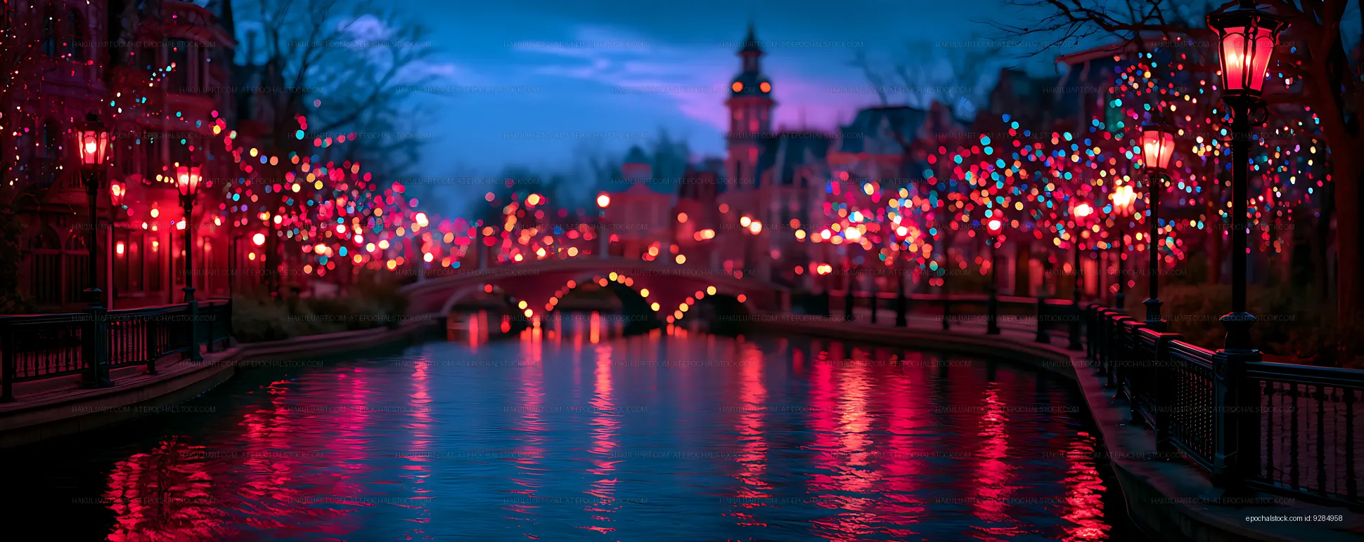 Vibrant illuminated canal scene at twilight