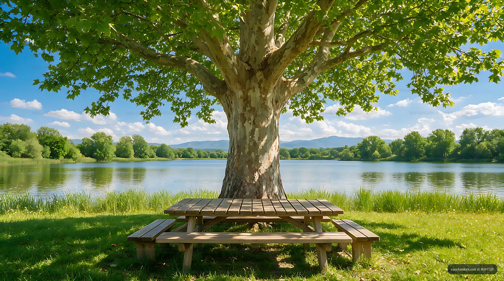 Wooden picnic table under a large tree by the lake