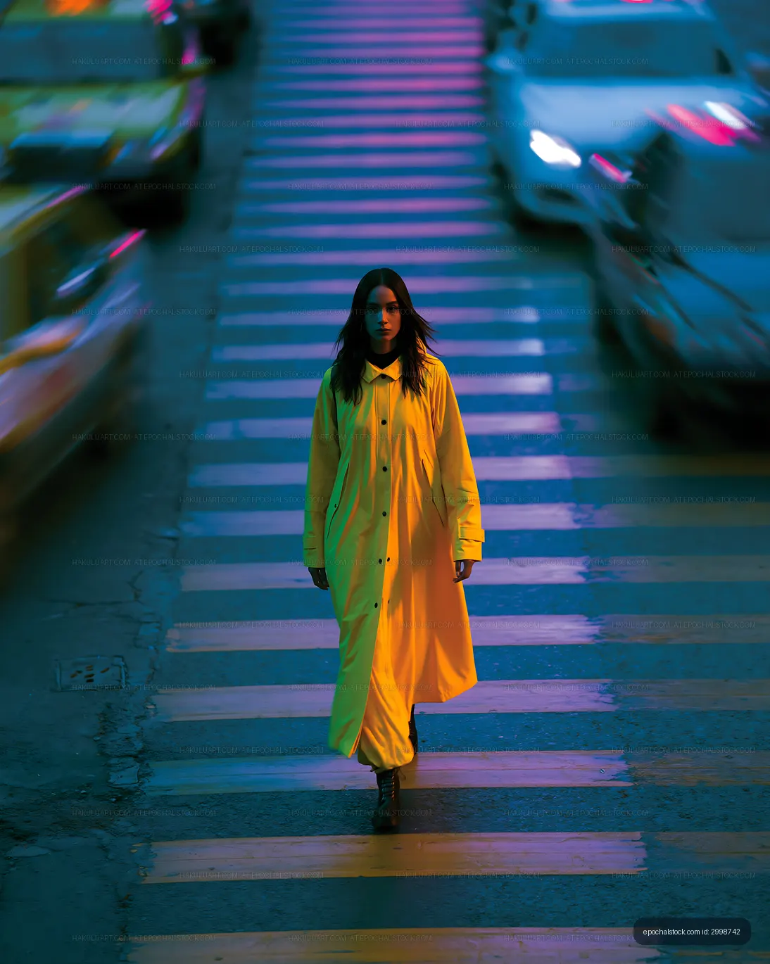 Yellow-coated woman on a neon-lit city crosswalk