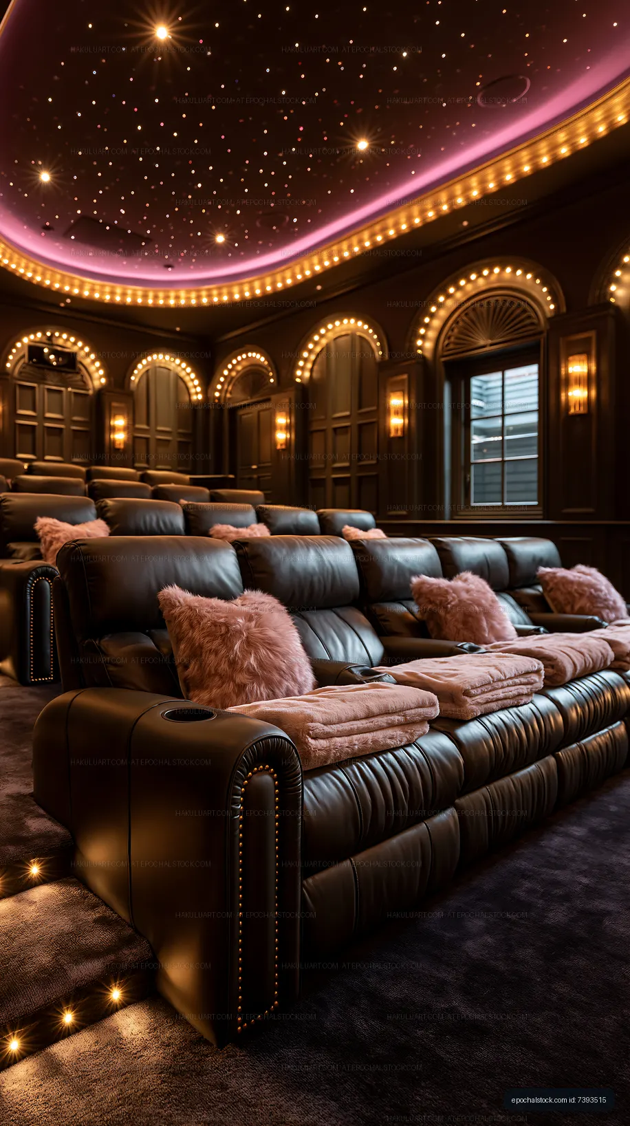 Cozy luxury theater room with starry ceiling and plush seats