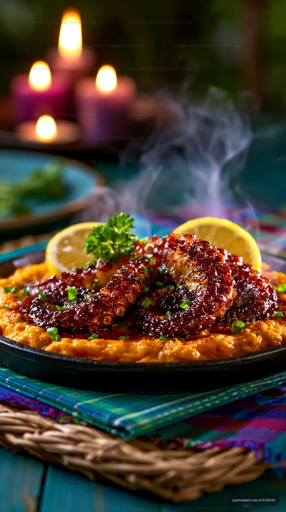 Close-up of glazed octopus with lemon garnish