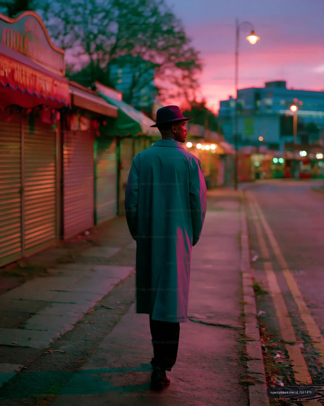 Hat-wearing man walking on a colorful city street at dusk