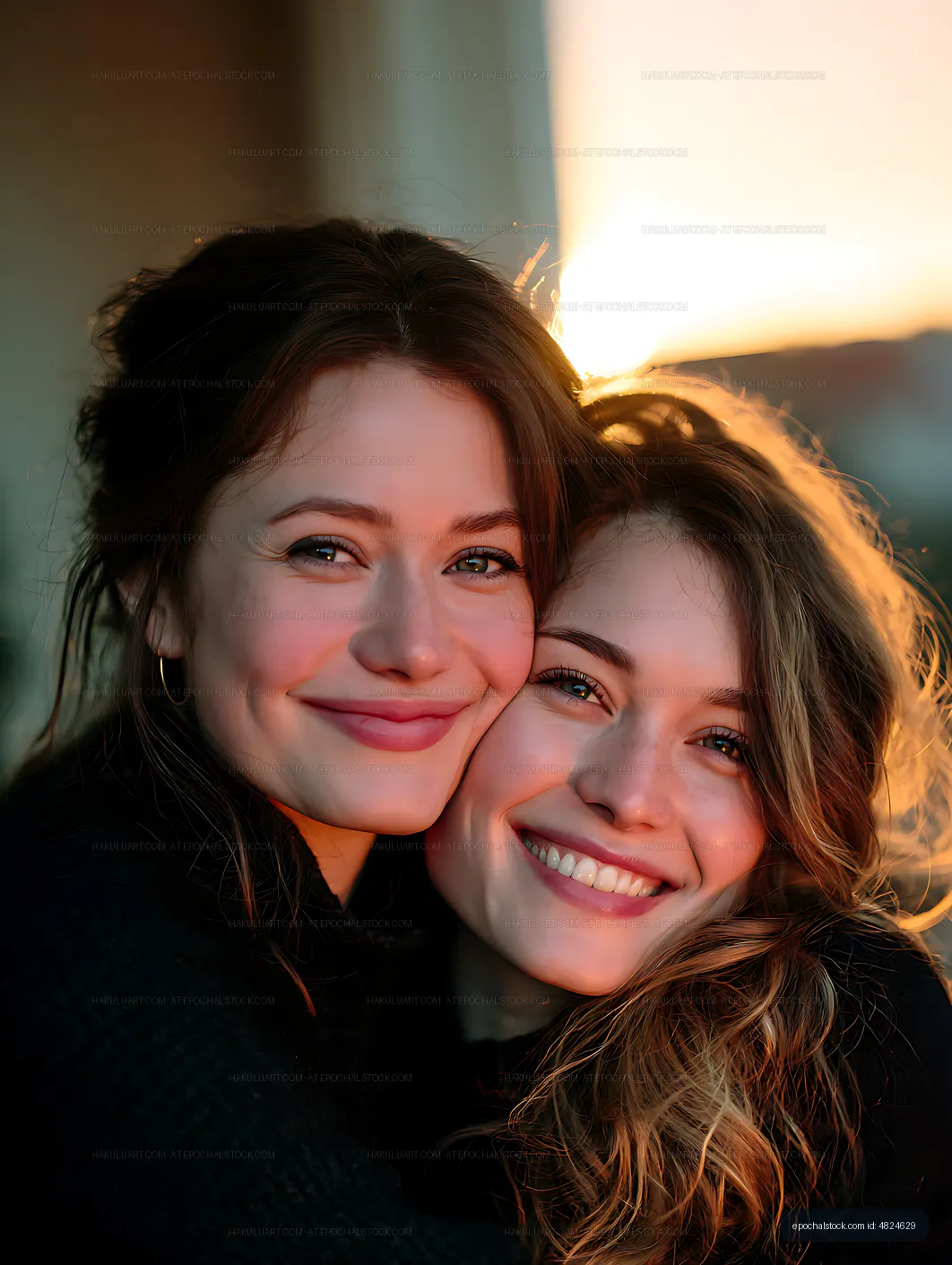 Close portrait of two friends smiling at sunset