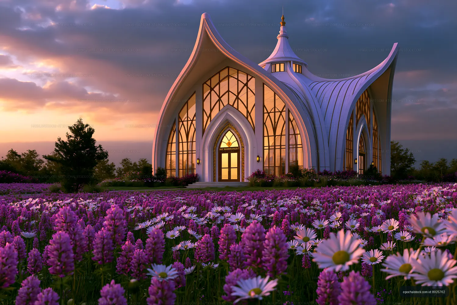 Curved-roof temple in a vibrant flower garden at dusk
