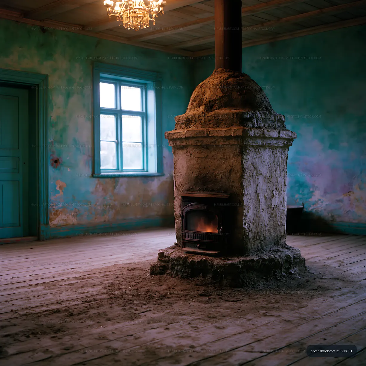 Weathered masonry fireplace with fire in rustic interior