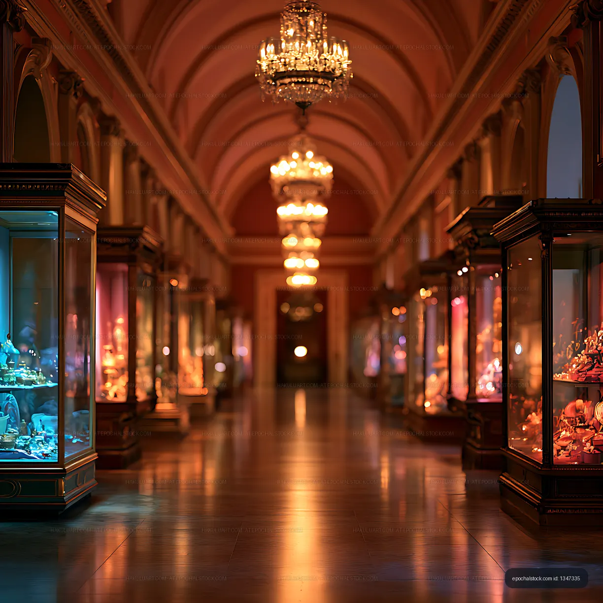 Symmetrical museum interior with glowing chandeliers