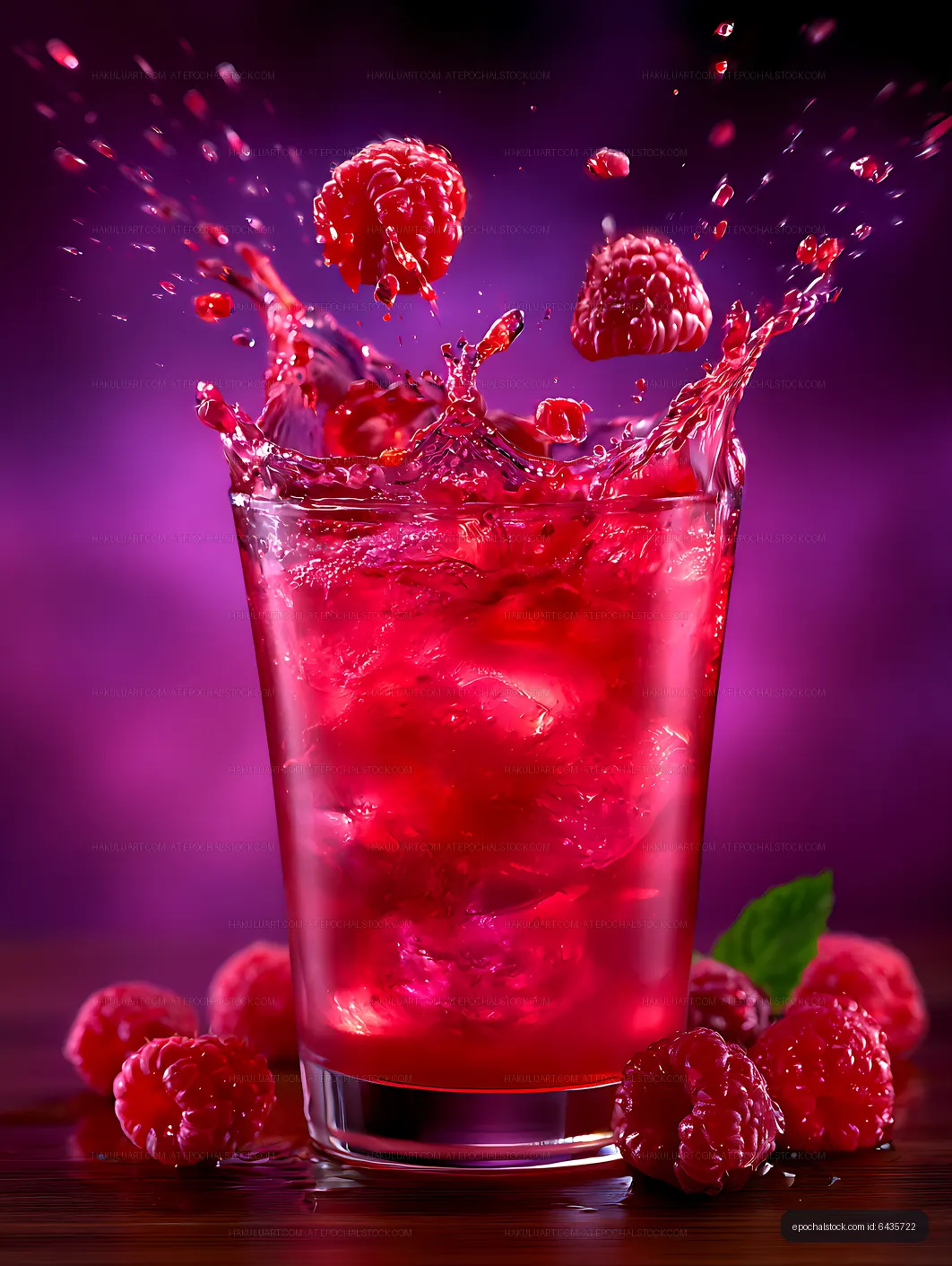 Red raspberry juice splash in a clear glass