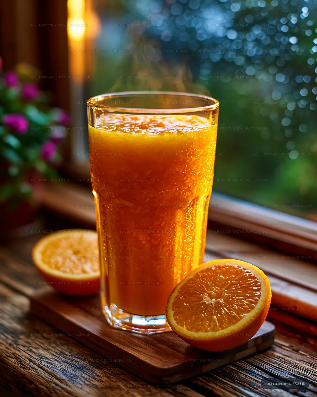 Orange juice and fresh orange halves in warm window light