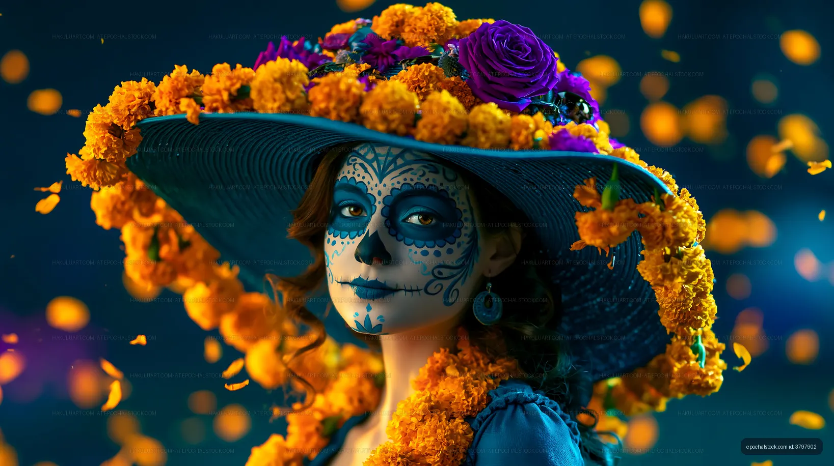 Woman in marigold-decorated hat with artistic face paint