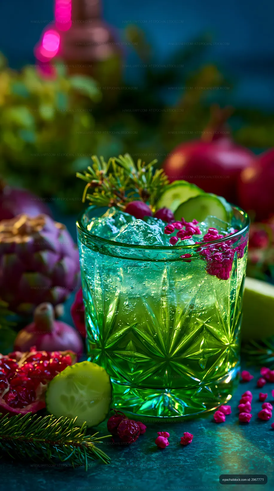 Green lime drink in decorative glass with colorful botanical accents