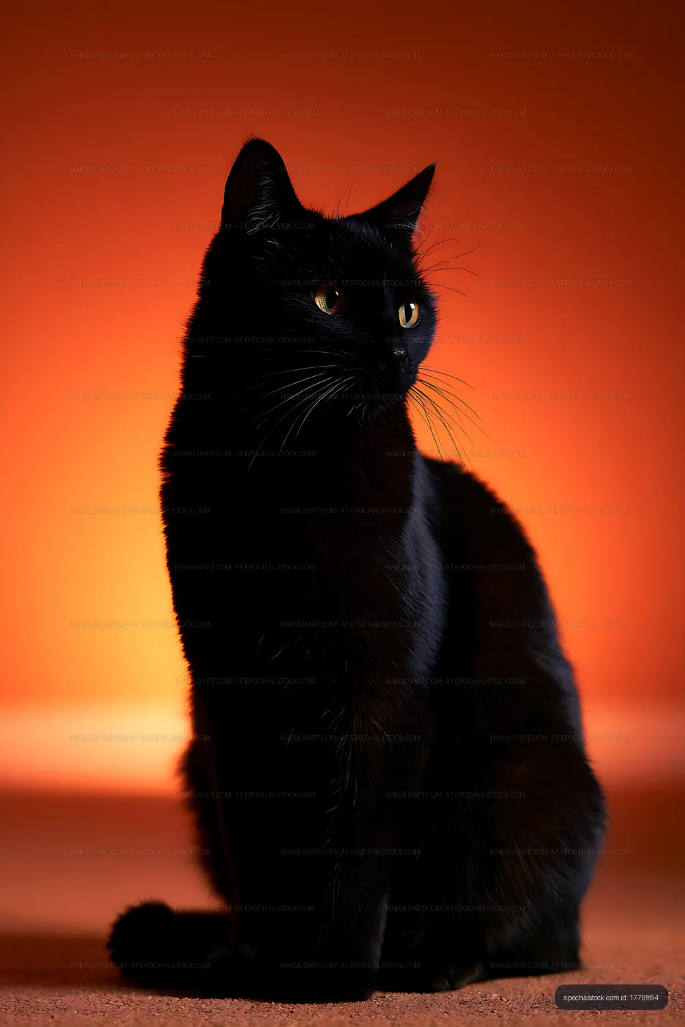 Seated black cat with golden eyes and whiskers