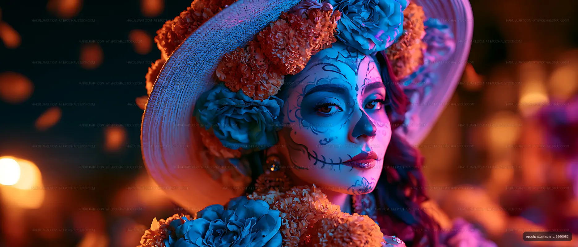 Vivid Woman Portrait with Floral Headwear and Painted Face