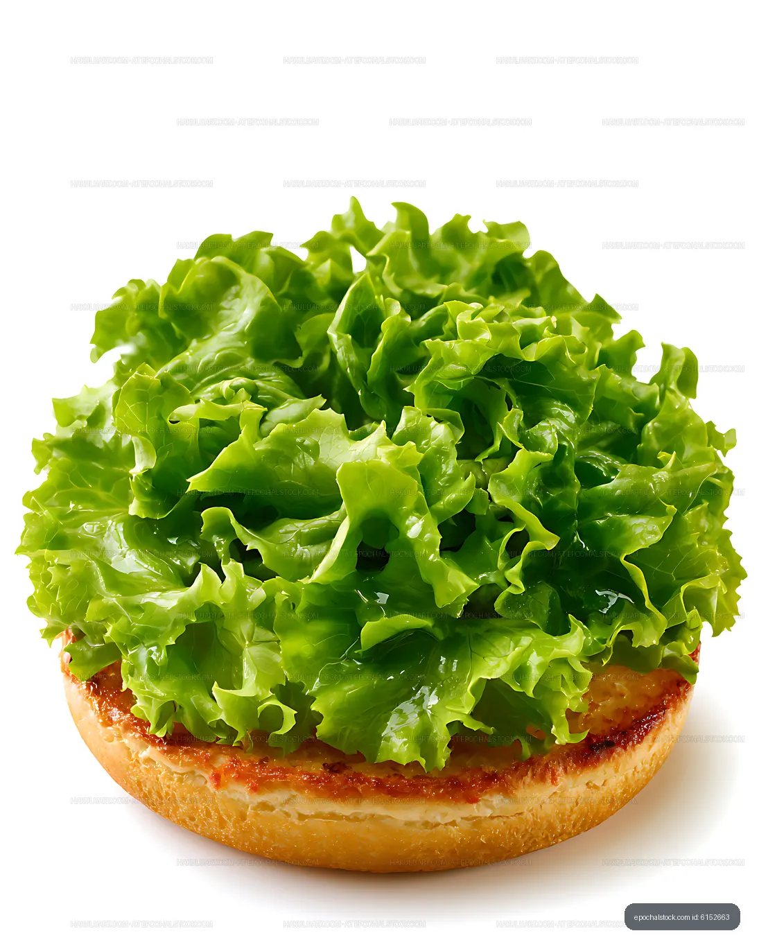Close-up lettuce-topped burger with red sauce