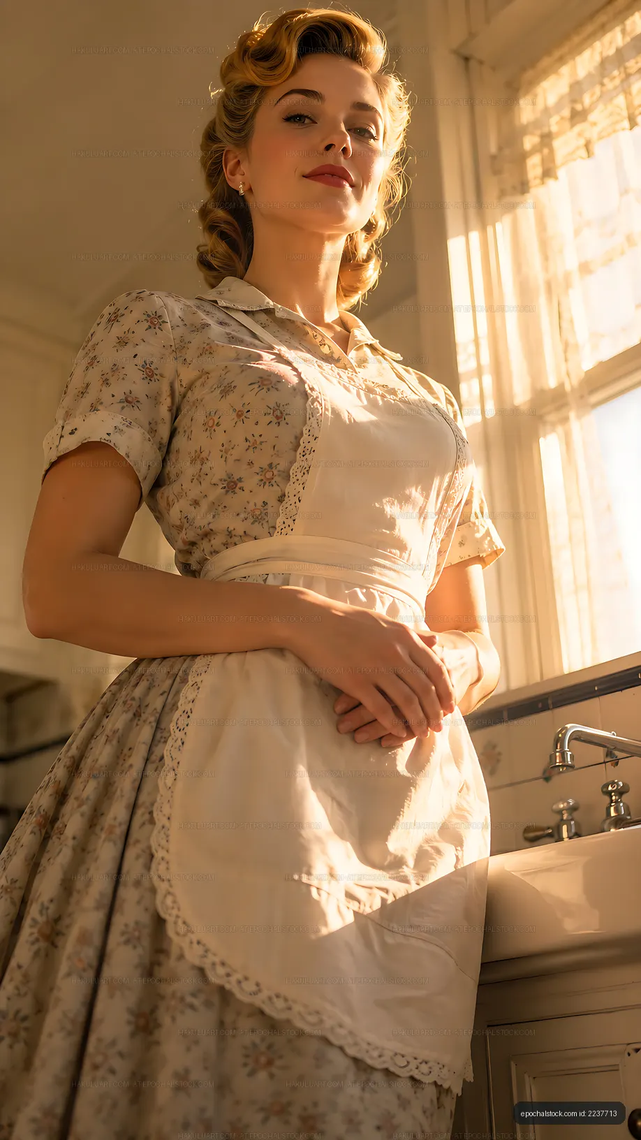 Woman in vintage dress stands in a bright kitchen