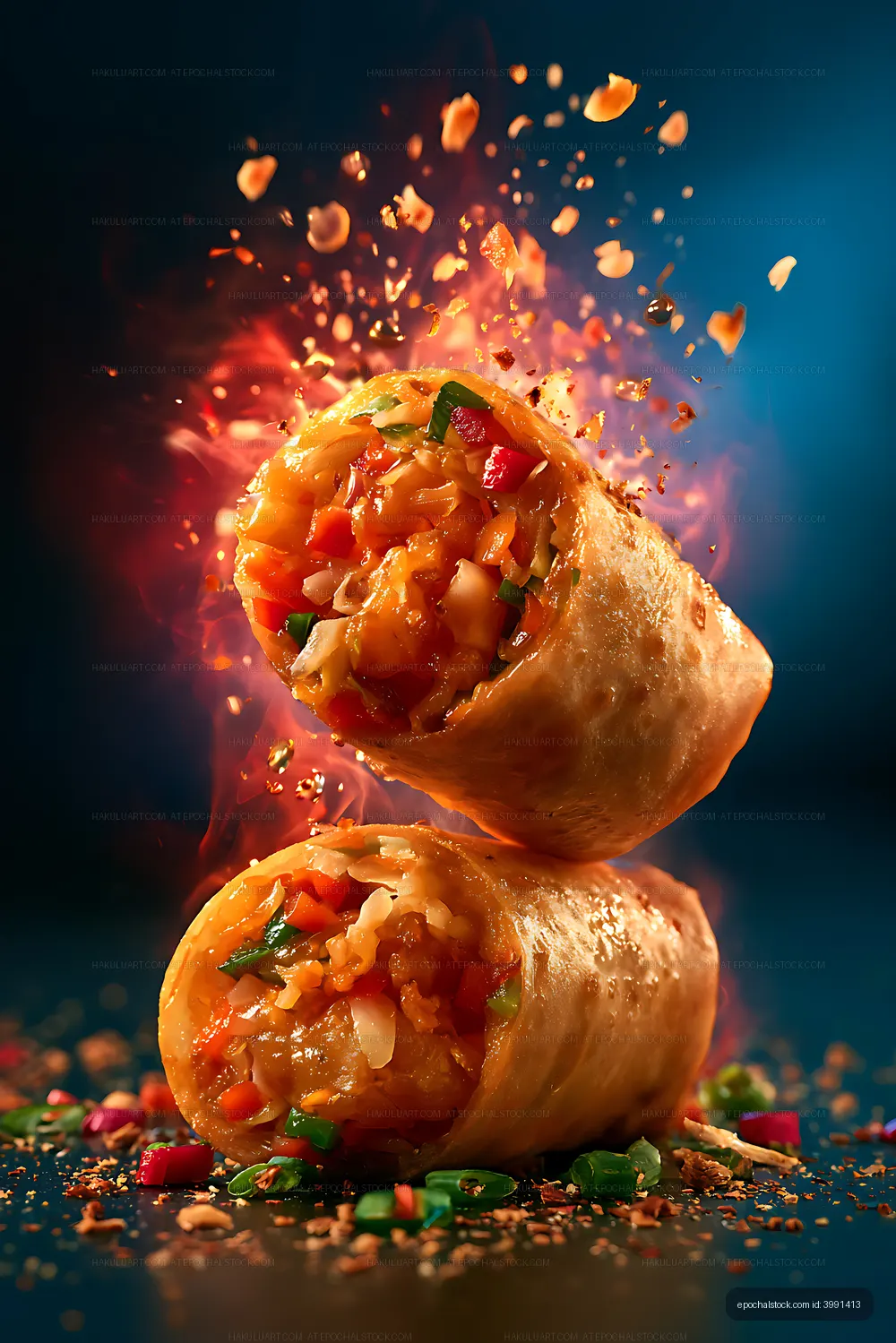 Dramatic close-up of vegetable-filled stuffed wraps