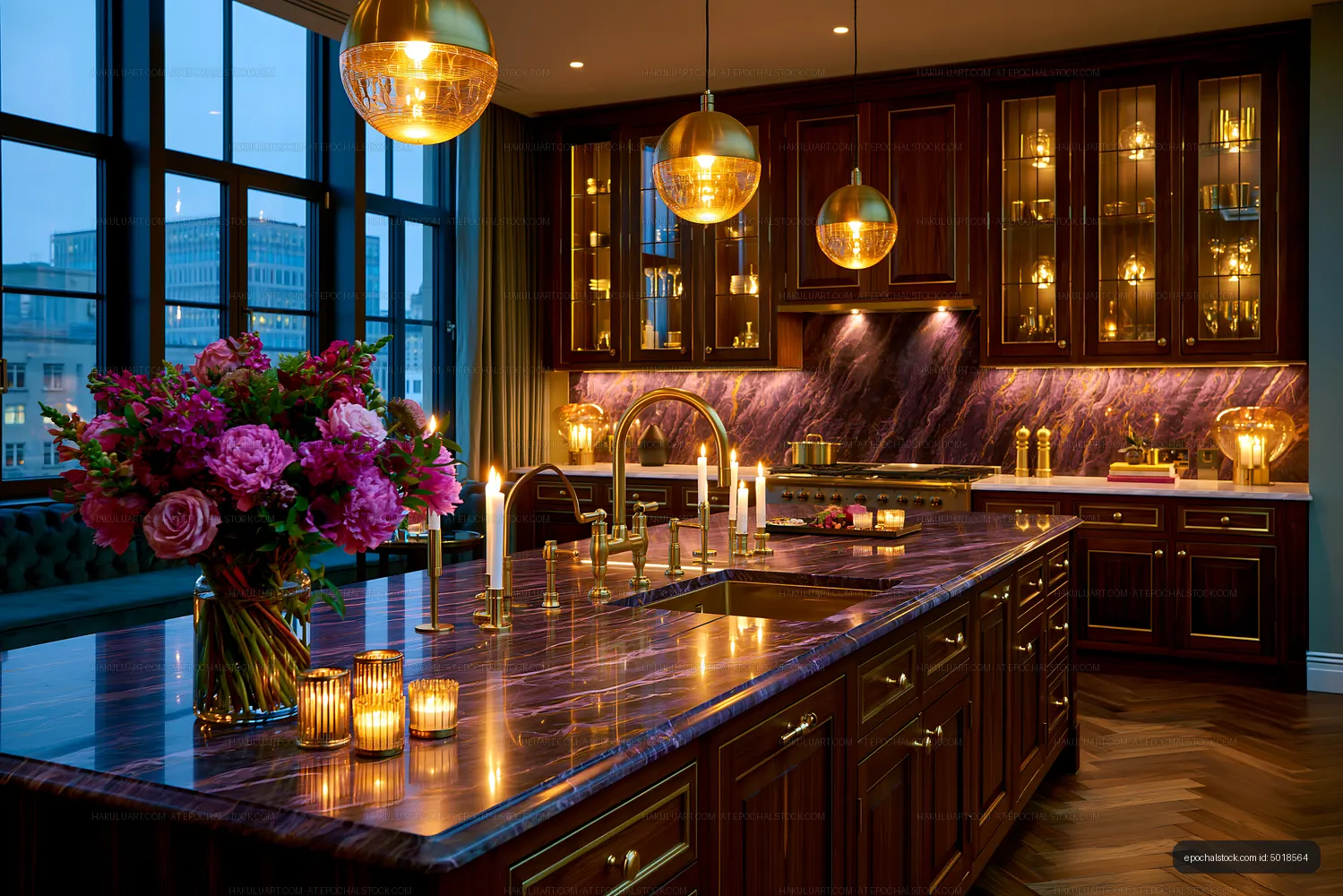 Luxurious kitchen interior illuminated by pendant lights and candles
