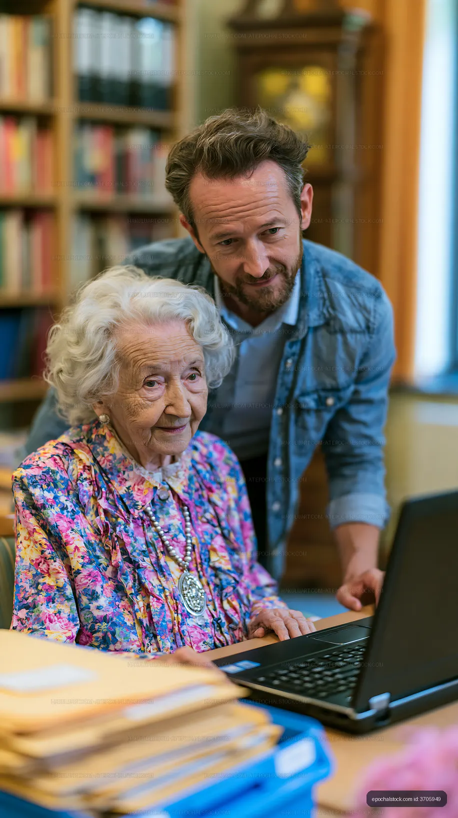 Senior woman using a laptop with help at home