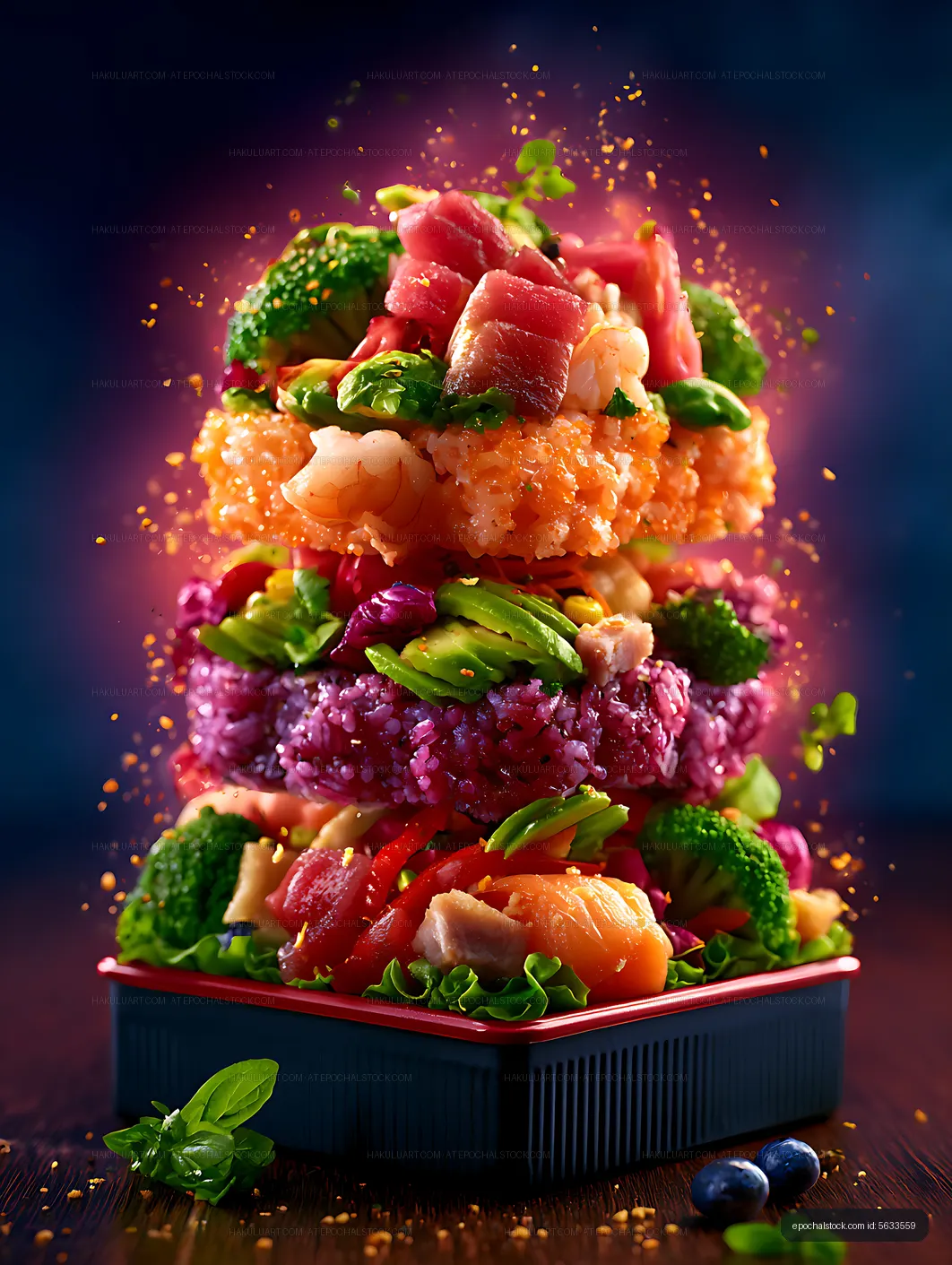 Dramatic colorful seafood and vegetable rice bowl