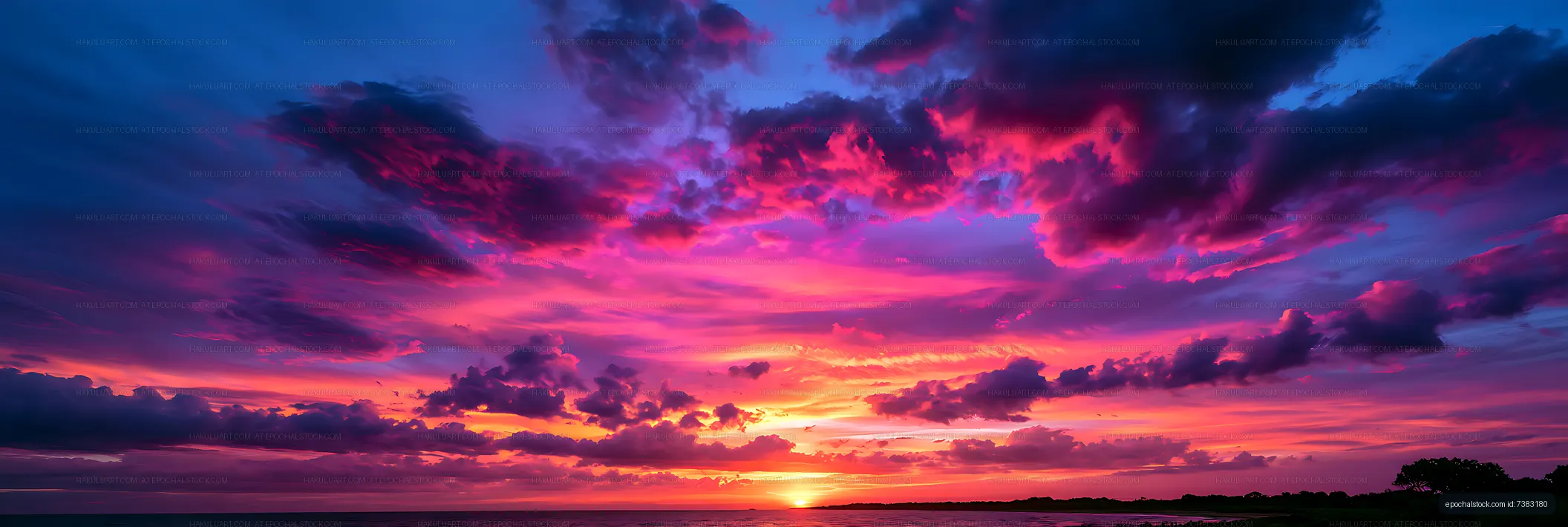 Dramatic pink and purple cloudscape over the sea at sunset
