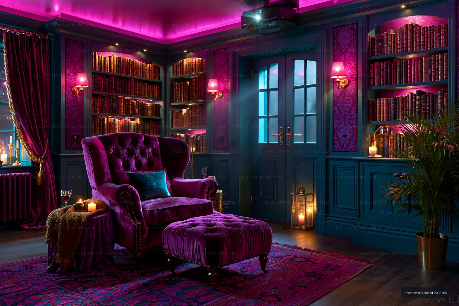 Moody purple library room with books and comfortable seating