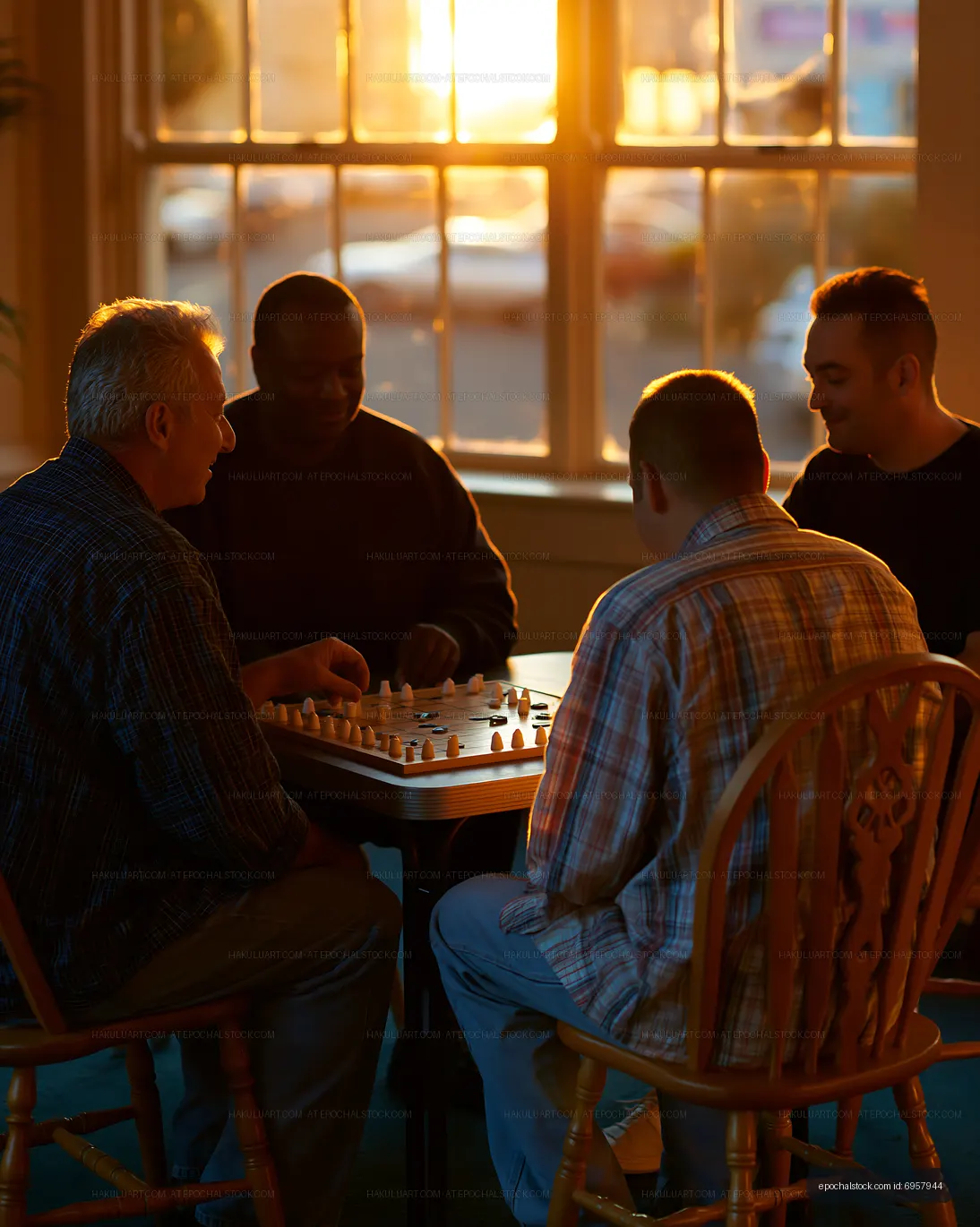 Friends playing chess during sunset at a cozy indoor setting