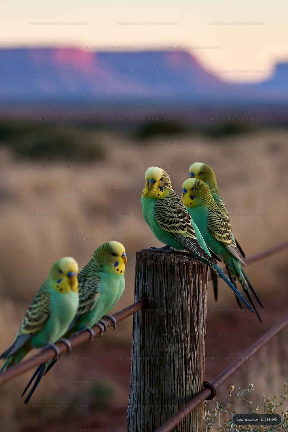 Colorful budgerigars gathered on a desert fence