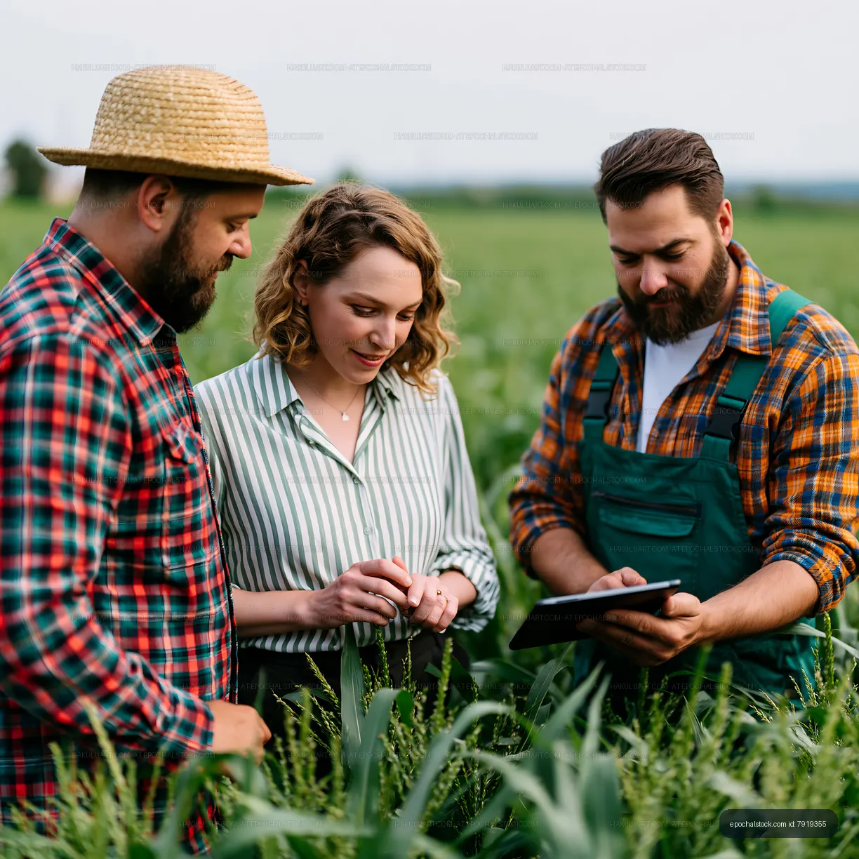 Agricultural team inspecting crops in a green field