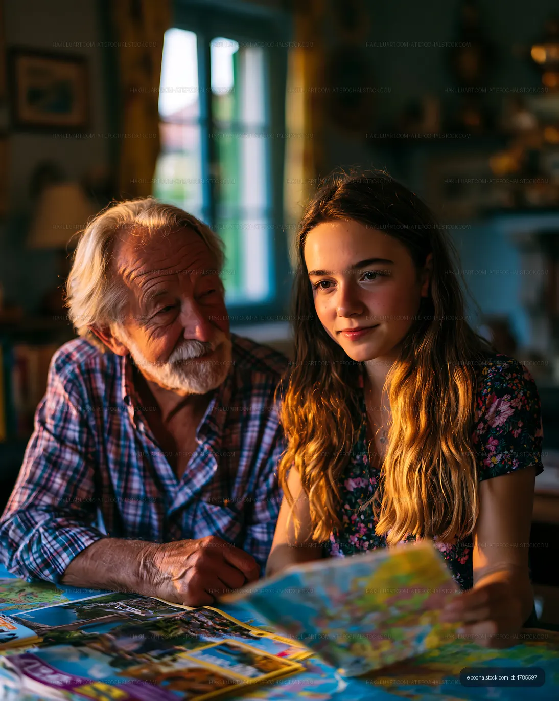 Grandfather and granddaughter sharing a travel planning moment