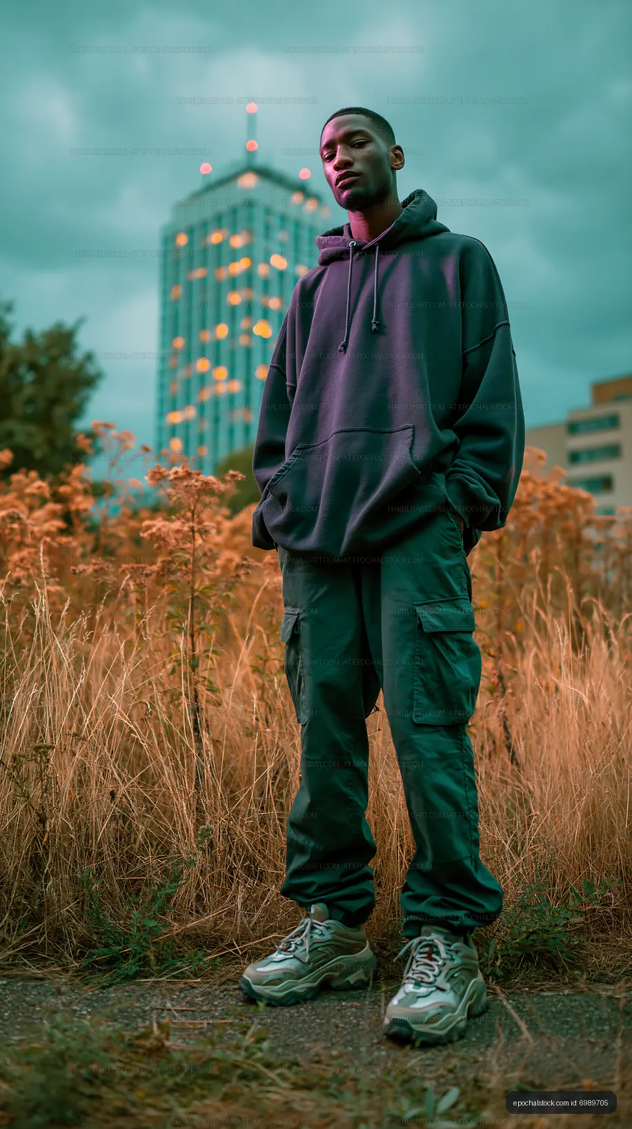 Urban portrait of a man in a hoodie and cargo pants