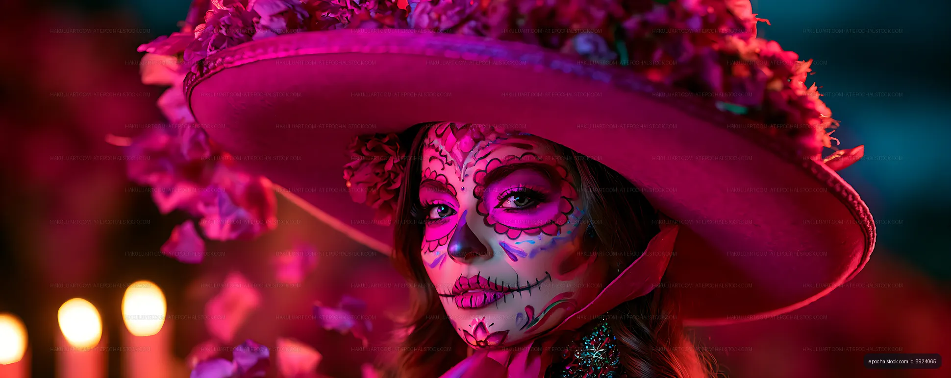 Woman in decorated sombrero with colorful skull makeup
