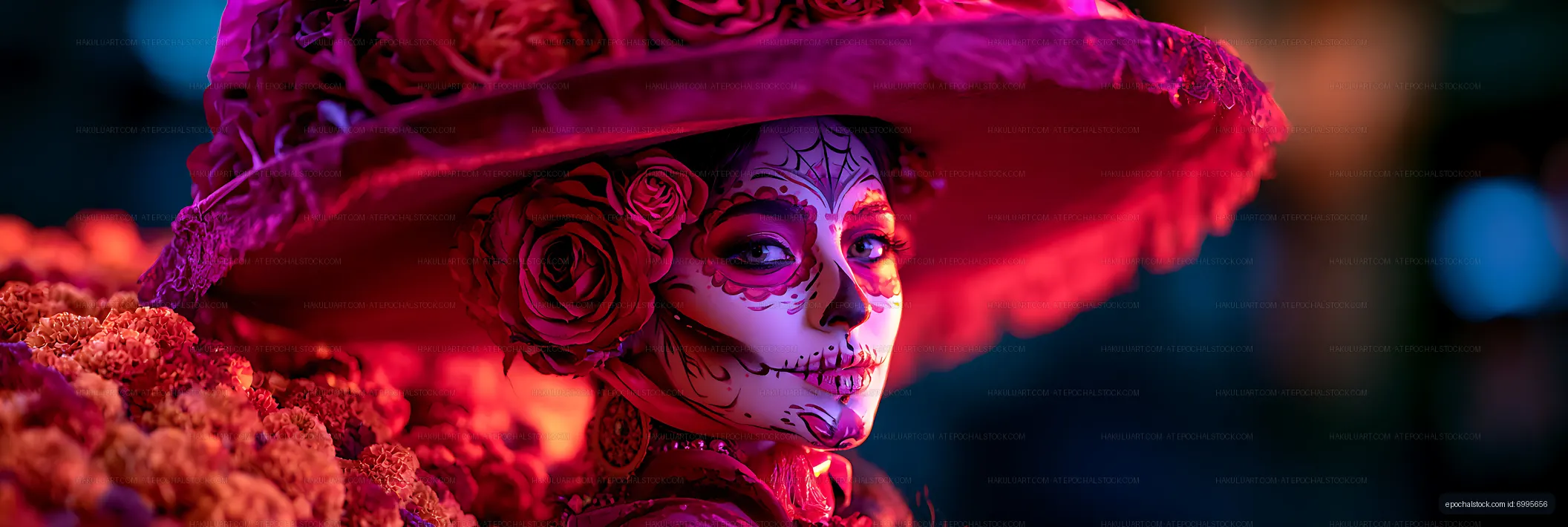 Colorful close-up portrait with floral hat and skull face paint