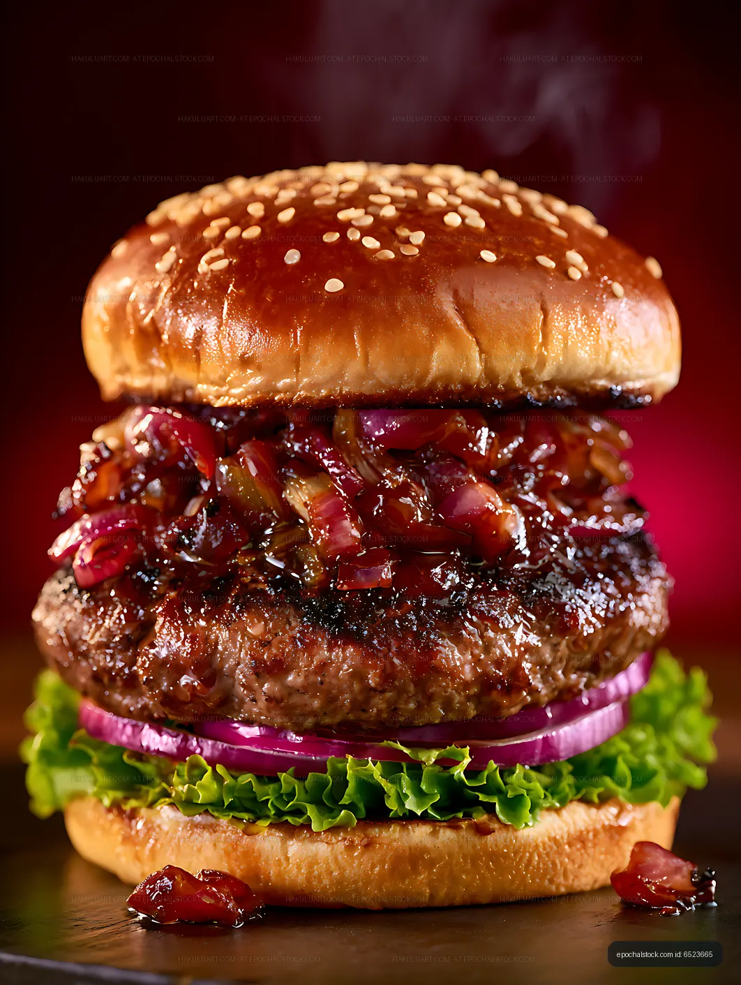 Juicy barbecue burger with sesame bun and fresh vegetable layers