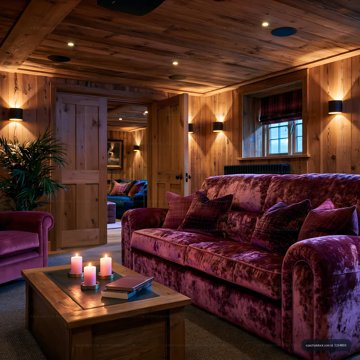 Elegant wood-paneled lounge with velvet furnishings and candlelight