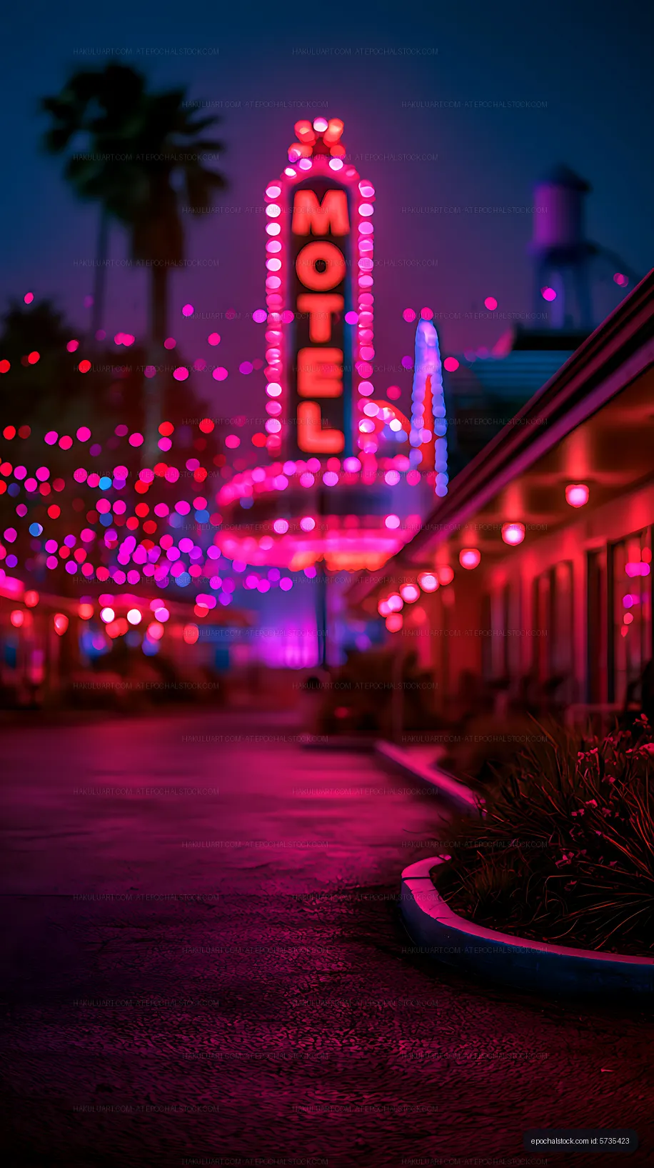 Neon motel sign and bokeh lights on a night street