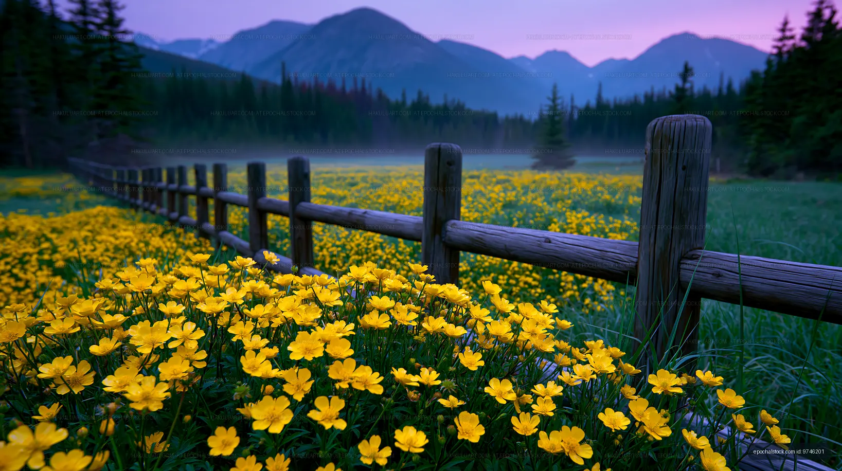 Wildflower meadow with rustic fence and distant mountains