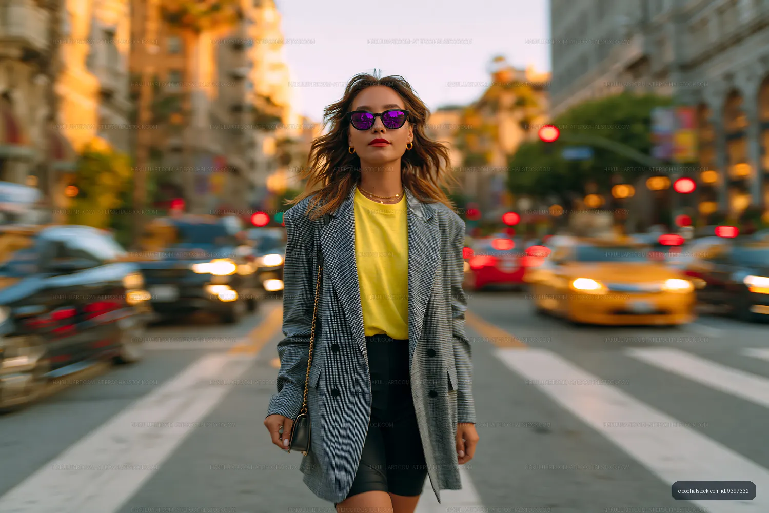 Fashionable woman walking through city traffic