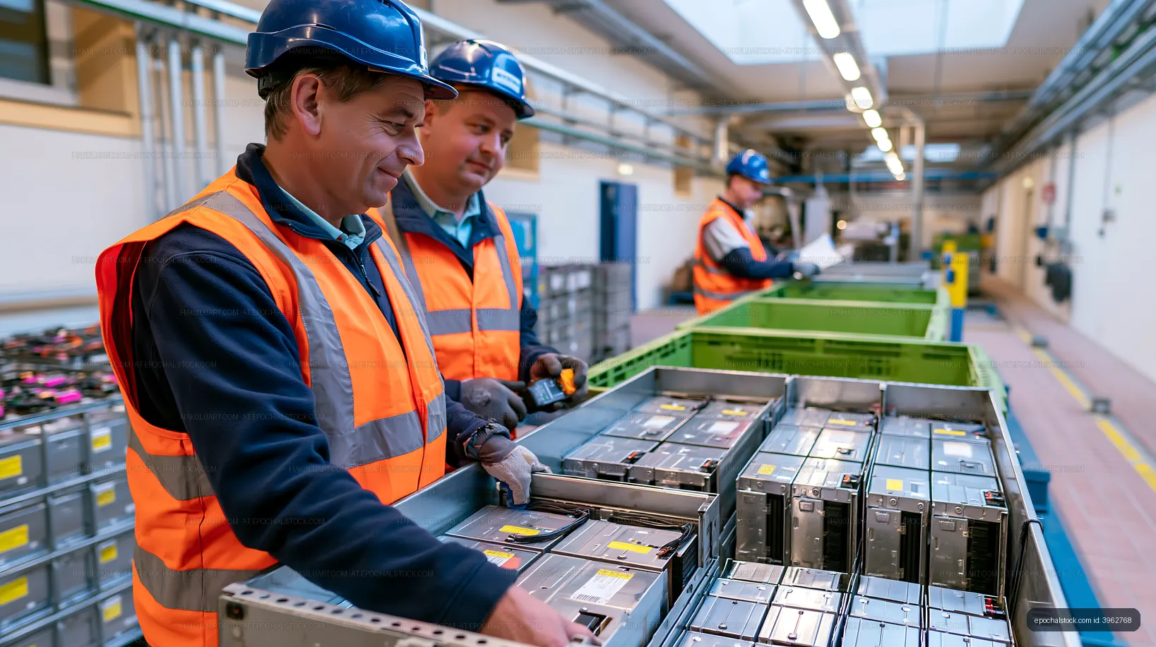 Workers organizing batteries in a facility