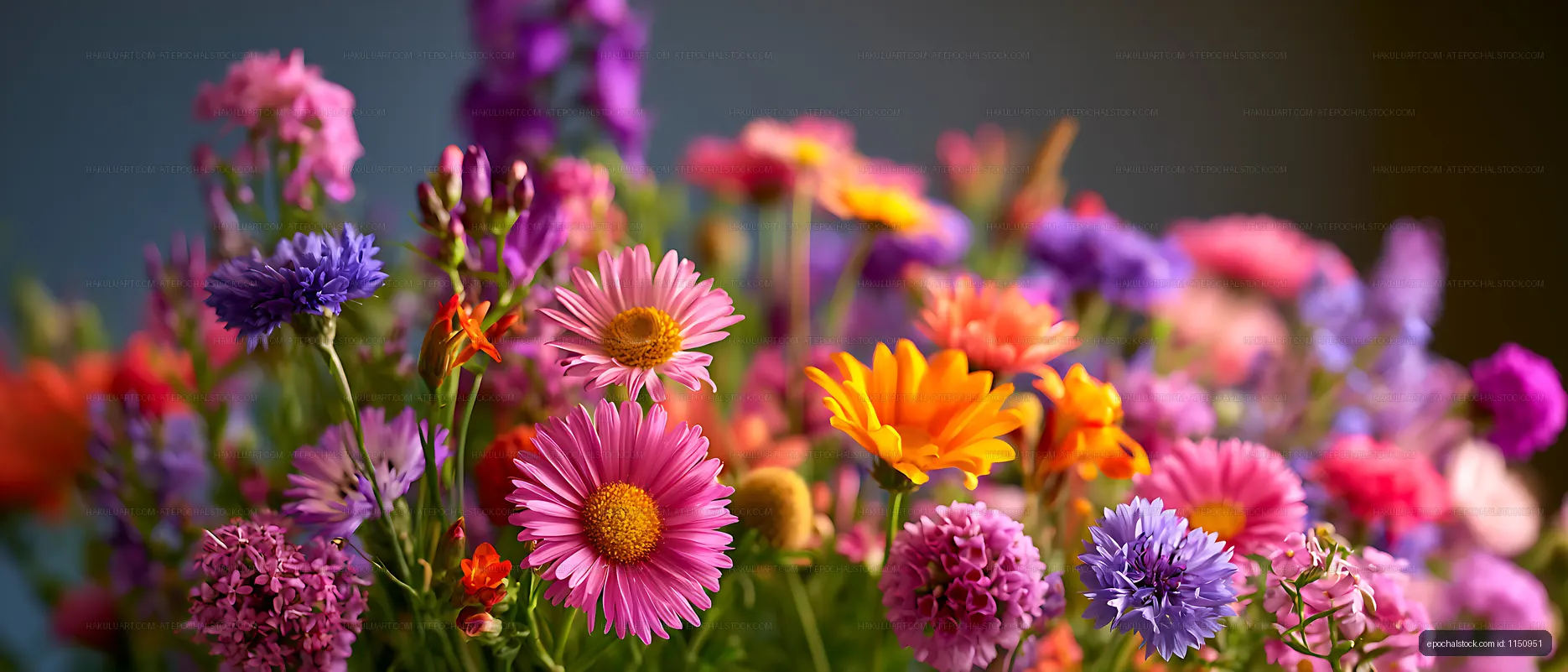 Bright mixed flowers in a colorful close-up composition